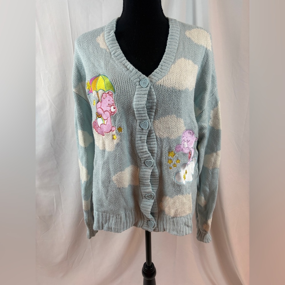 Hot Topic Care Bears Blue and White Appliqué Button Knit Cardigan